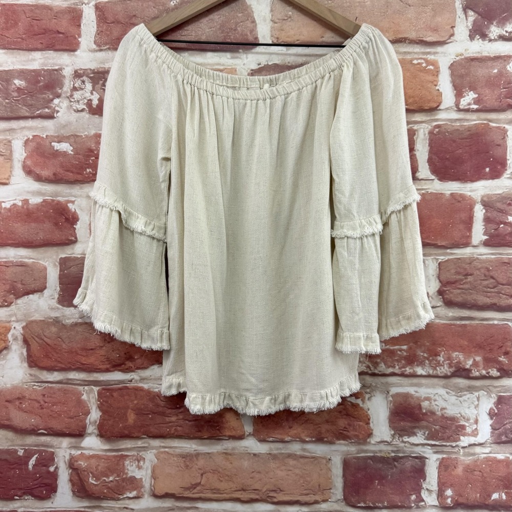 Umgee Top Women's Small Natural Cream Earthy Linen Blend Boho Fringe Shirt